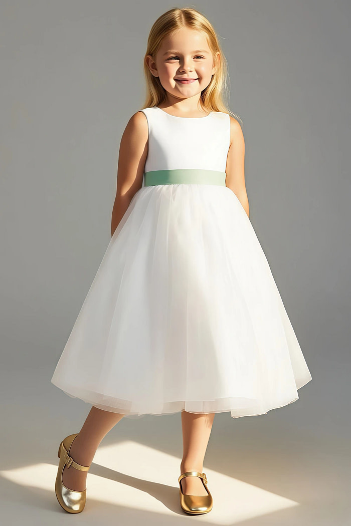 Akaks Blythe Flower Girl Dress Sage Green A-Line Scoop Neck Tea Length Tulle Dress With Detachable Bow Image244916