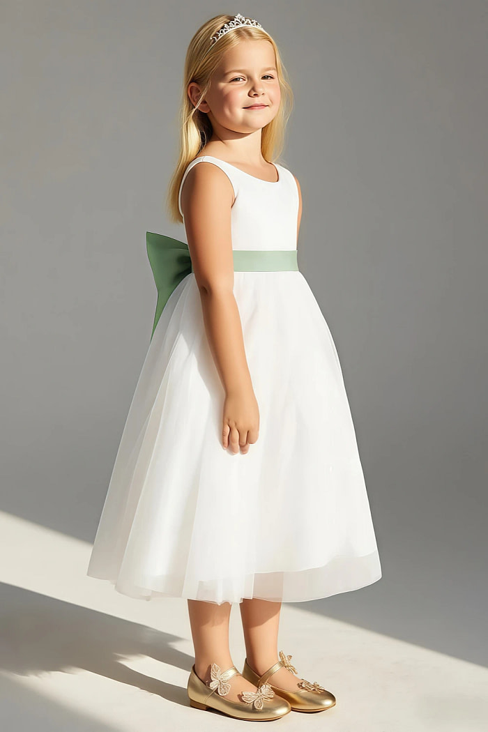 Akaks Blythe Flower Girl Dress Sage Green A-Line Scoop Neck Tea Length Tulle Dress With Detachable Bow Image257632