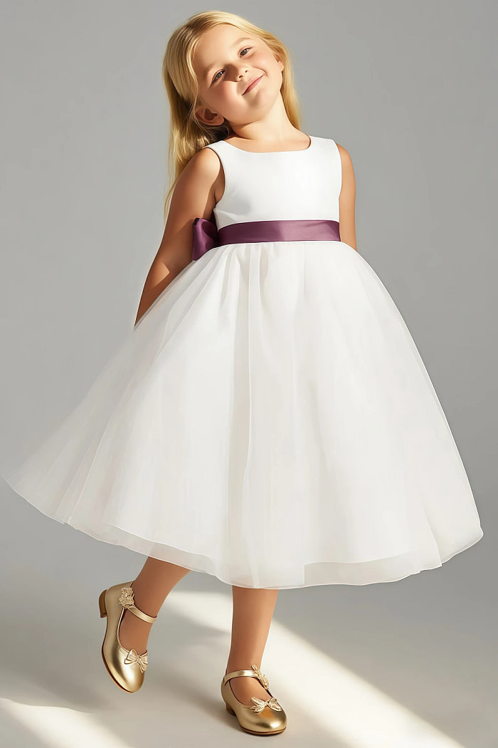 Akaks Blythe Flower Girl Dress Sangria A-Line Scoop Neck Tea Length Tulle Dress With Detachable Bow Image280404