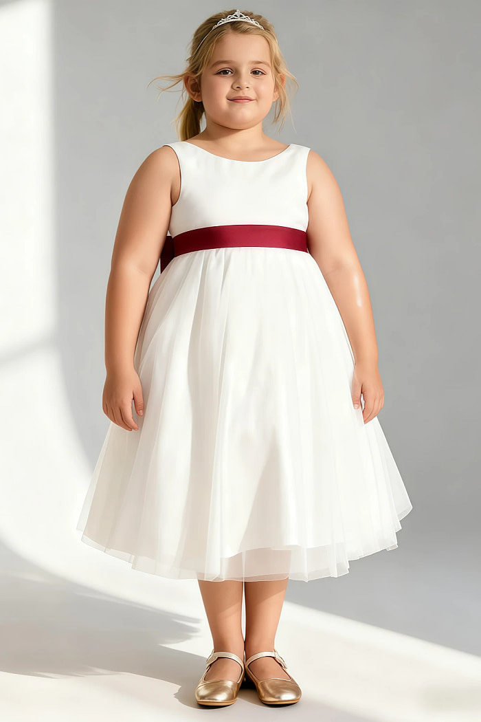 Akaks Blythe Flower Girl Dress Scarlet A-Line Scoop Neck Tea Length Tulle Dress With Detachable Bow Image118663