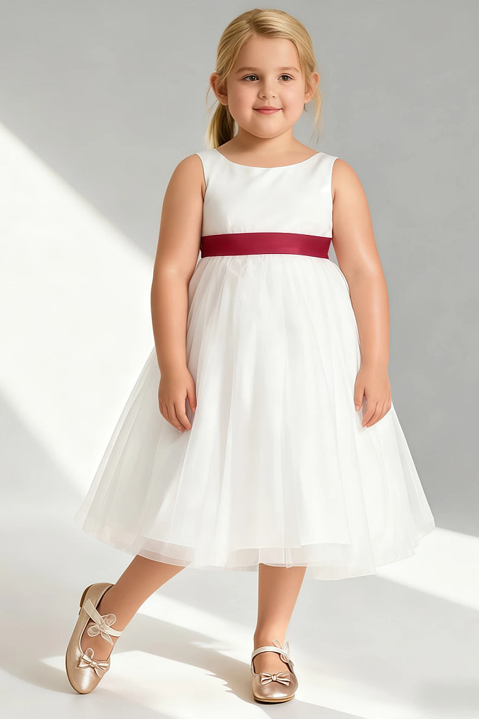 Akaks Blythe Flower Girl Dress Scarlet A-Line Scoop Neck Tea Length Tulle Dress With Detachable Bow Image430424