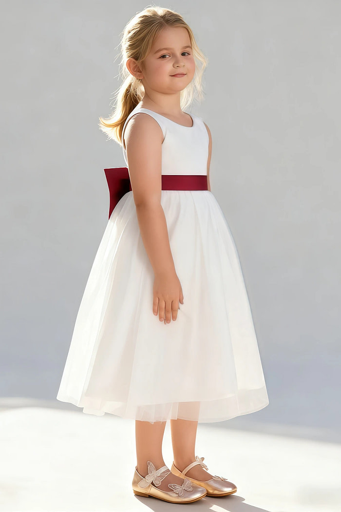 Akaks Blythe Flower Girl Dress Scarlet A-Line Scoop Neck Tea Length Tulle Dress With Detachable Bow Image701477