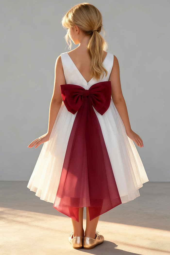Akaks Blythe Flower Girl Dress Scarlet A-Line Scoop Neck Tea Length Tulle Dress With Detachable Bow Image770463