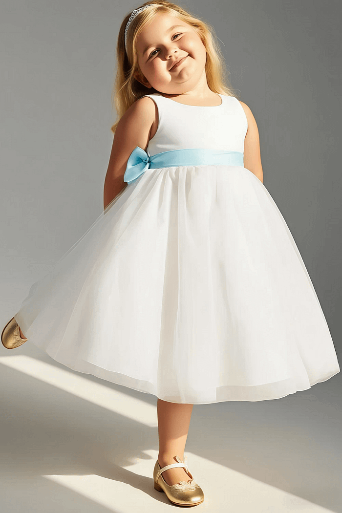 Akaks Blythe Flower Girl Dress Sea Glass A-Line Scoop Neck Tea Length Tulle Dress With Detachable Bow Image203482