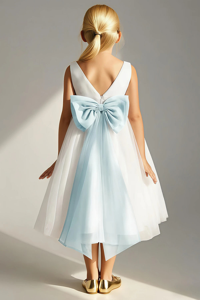Akaks Blythe Flower Girl Dress Sea Glass A-Line Scoop Neck Tea Length Tulle Dress With Detachable Bow Image478109