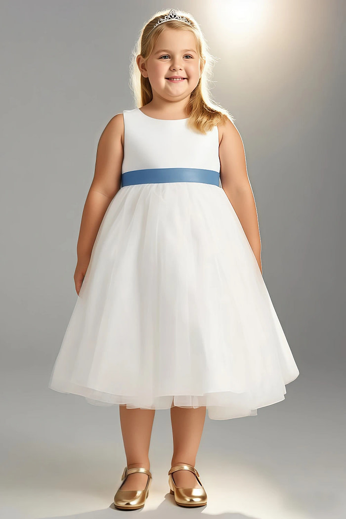 Akaks Blythe Flower Girl Dress Steel Blue A-Line Scoop Neck Tea Length Tulle Dress With Detachable Bow Image171112