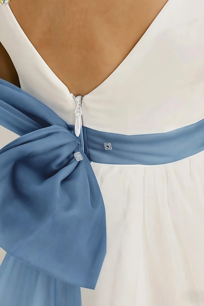 Akaks Blythe Flower Girl Dress Steel Blue A-Line Scoop Neck Tea Length Tulle Dress With Detachable Bow Image249574
