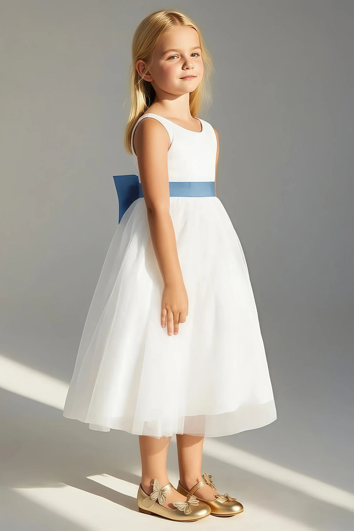 Akaks Blythe Flower Girl Dress Steel Blue A-Line Scoop Neck Tea Length Tulle Dress With Detachable Bow Image269374