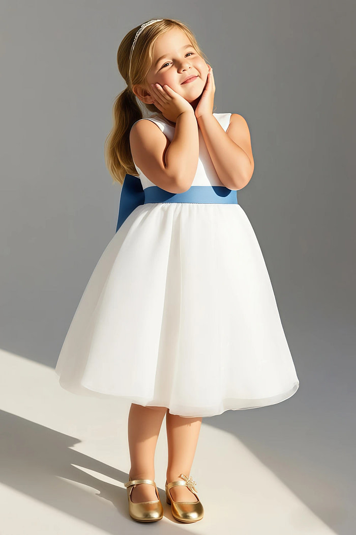 Akaks Blythe Flower Girl Dress Steel Blue A-Line Scoop Neck Tea Length Tulle Dress With Detachable Bow Image415193