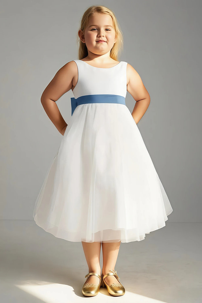Akaks Blythe Flower Girl Dress Steel Blue A-Line Scoop Neck Tea Length Tulle Dress With Detachable Bow Image470073