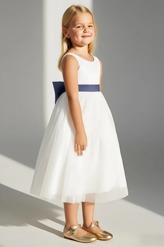 Akaks Blythe Flower Girl Dress Stormy A-Line Scoop Neck Tea Length Tulle Dress With Detachable Bow Image667418