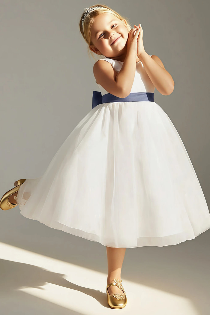 Akaks Blythe Flower Girl Dress Stormy A-Line Scoop Neck Tea Length Tulle Dress With Detachable Bow Image688280