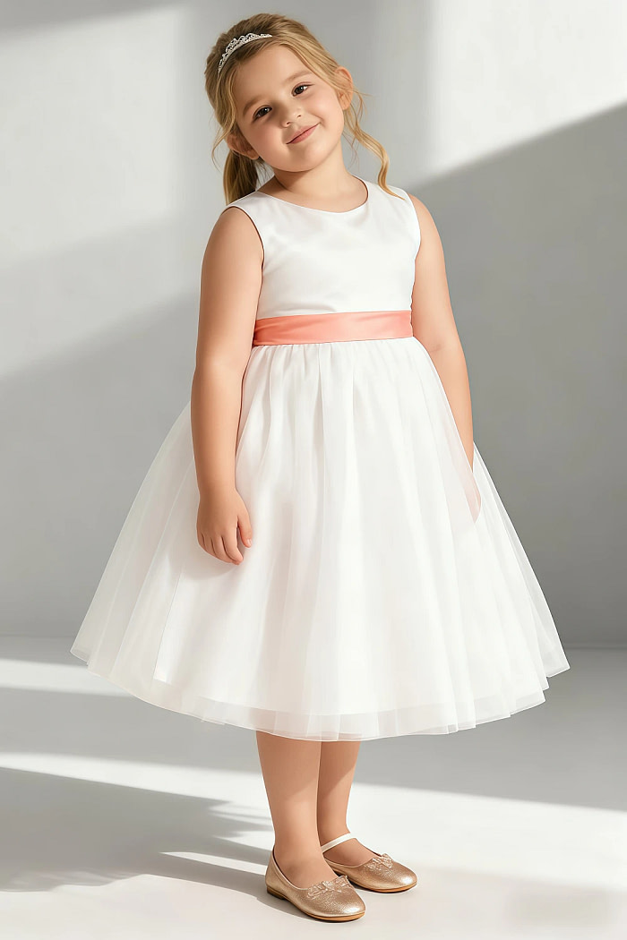 Akaks Blythe Flower Girl Dress Sunset A-Line Scoop Neck Tea Length Tulle Dress With Detachable Bow Image130257
