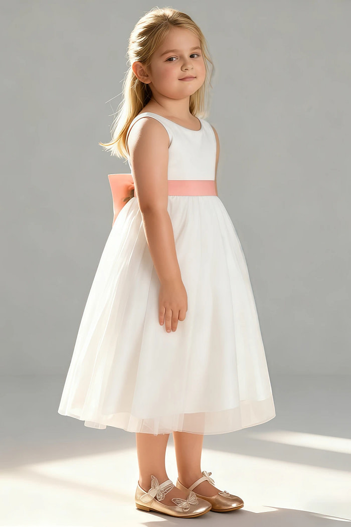 Akaks Blythe Flower Girl Dress Sunset A-Line Scoop Neck Tea Length Tulle Dress With Detachable Bow Image275857
