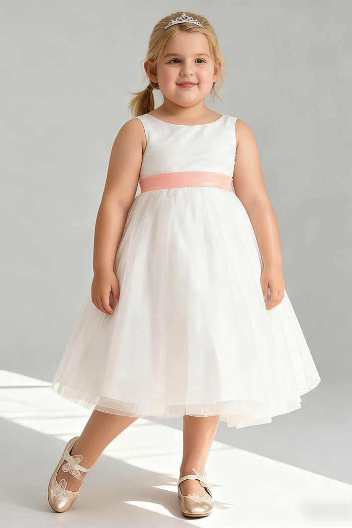 Akaks Blythe Flower Girl Dress Sunset A-Line Scoop Neck Tea Length Tulle Dress With Detachable Bow Image994234