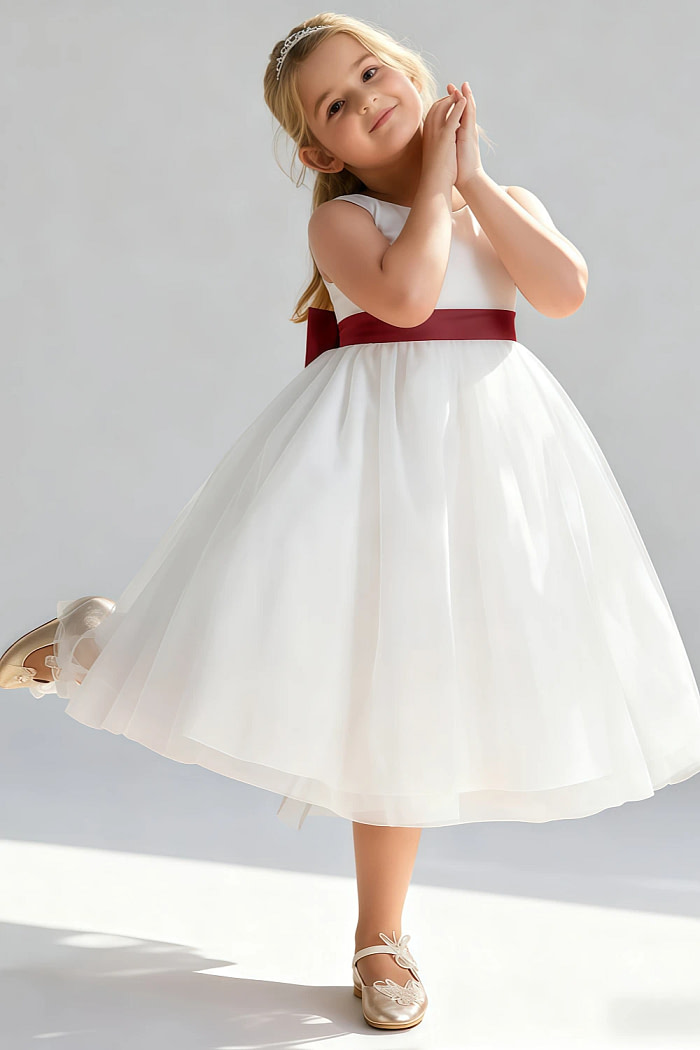 Akaks Blythe Flower Girl Dress Terracotta A-Line Scoop Neck Tea Length Tulle Dress With Detachable Bow Image144769