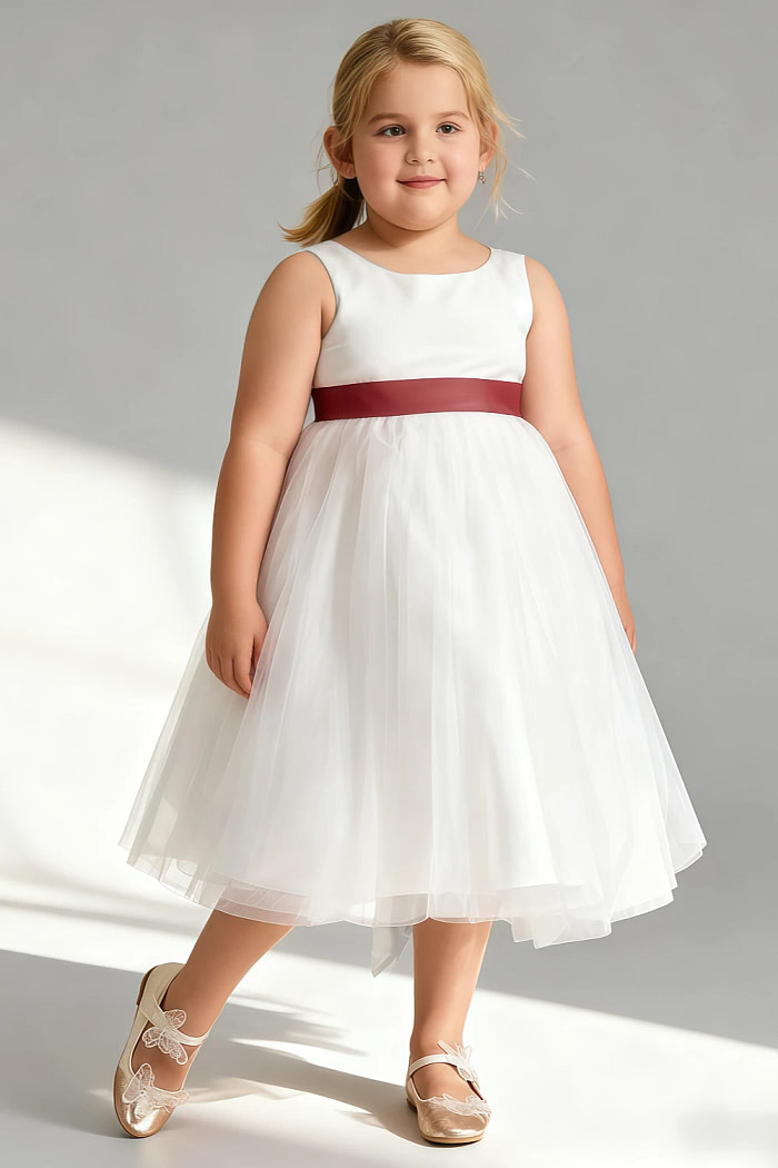 Akaks Blythe Flower Girl Dress Terracotta A-Line Scoop Neck Tea Length Tulle Dress With Detachable Bow Image368265