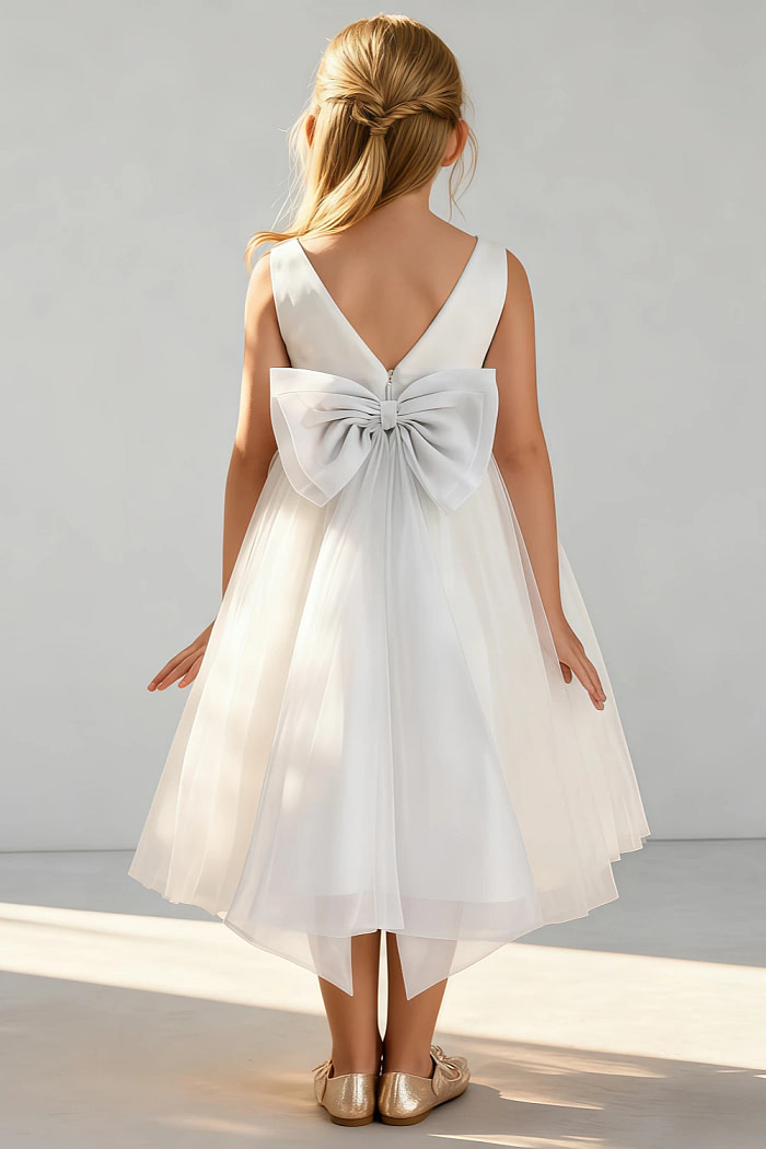 Akaks Blythe Flower Girl Dress White A-Line Scoop Neck Tea Length Tulle Dress With Detachable Bow Image718412