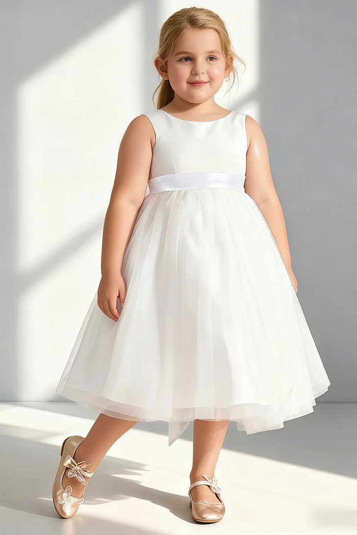 Akaks Blythe Flower Girl Dress White A-Line Scoop Neck Tea Length Tulle Dress With Detachable Bow