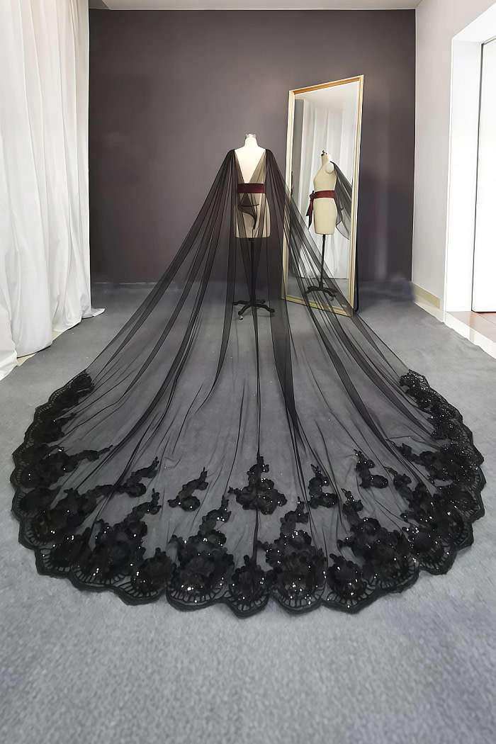 Akaks Cathedral Length Pippa Black Veil Wedding With Sequins Image327337