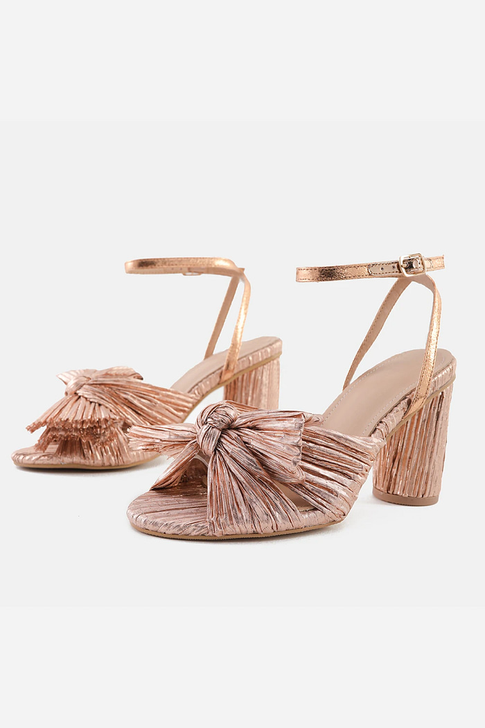 Akaks Champagne Satin Block Heel Farah Open Toe Sandals With The Bow Image295403