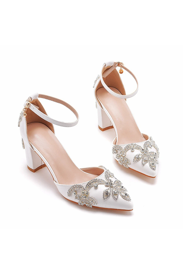 Akaks Corinne White Pointed Toe Ankle Strap Bridal Shoes Block Heel With Crystal Heel Height 2.95Inch Image147008