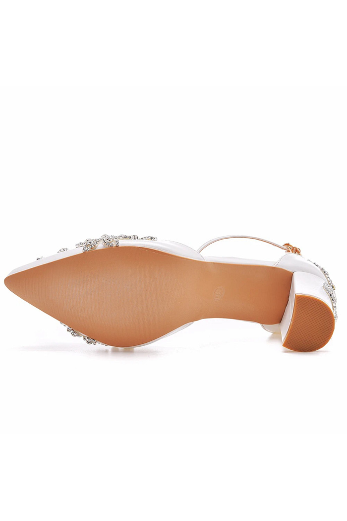 Akaks Corinne White Pointed Toe Ankle Strap Bridal Shoes Block Heel With Crystal Heel Height 2.95Inch Image309149