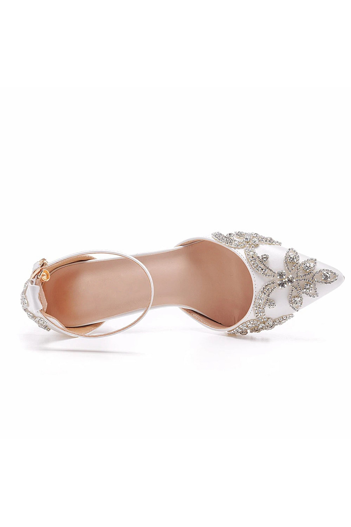 Akaks Corinne White Pointed Toe Ankle Strap Bridal Shoes Block Heel With Crystal Heel Height 2.95Inch Image356356