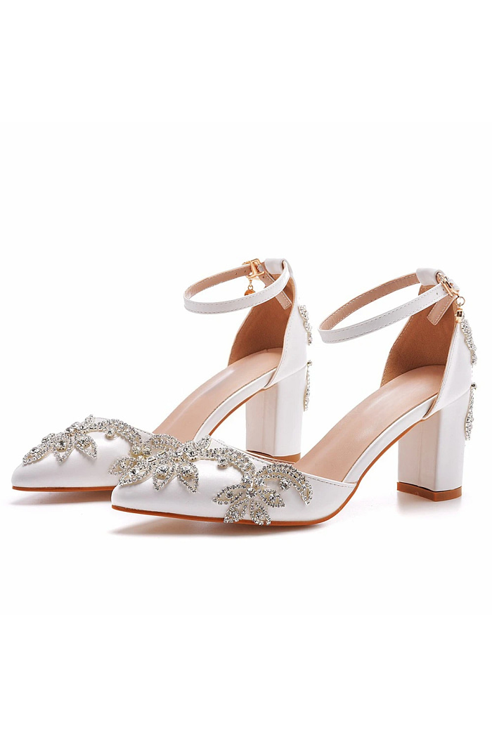 Akaks Corinne White Pointed Toe Ankle Strap Bridal Shoes Block Heel With Crystal Heel Height 2.95Inch Image772816