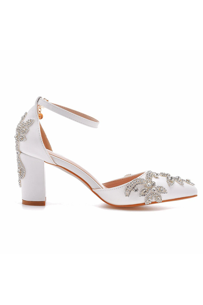 Akaks Corinne White Pointed Toe Ankle Strap Bridal Shoes Block Heel With Crystal Heel Height 2.95Inch Image864337