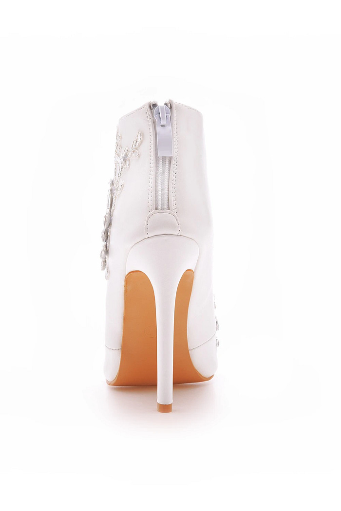 Akaks Elara White Leather Pointed Toe Mid-Calf Heeled Boots With Rhinestone For Women Heel Height 4.17Inch Image107889