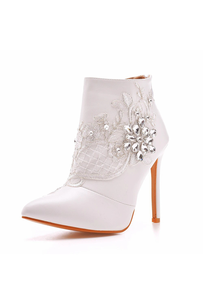 Akaks Elara White Leather Pointed Toe Mid-Calf Heeled Boots With Rhinestone For Women Heel Height 4.17Inch Image237791