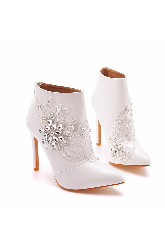 Akaks Elara White Leather Pointed Toe Mid-Calf Heeled Boots With Rhinestone For Women Heel Height 4.17Inch Image513638