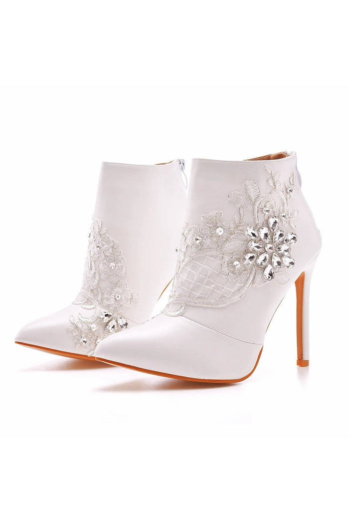 Akaks Elara White Leather Pointed Toe Mid-Calf Heeled Boots With Rhinestone For Women Heel Height 4.17Inch Image901997