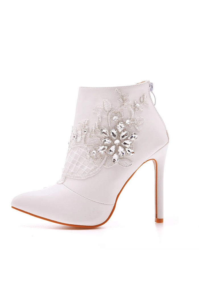 Akaks Elara White Leather Pointed Toe Mid-Calf Heeled Boots With Rhinestone For Women Heel Height 4.17Inch Image984355