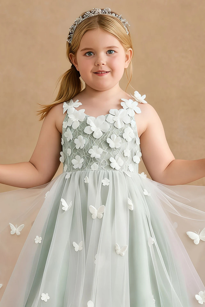 Akaks Eria Agave Green Flower Girl Dress A-Line Lace Tulle Asymmetrical Hem Sleeveless V-Neck 3D White Flowers Dress Image137713