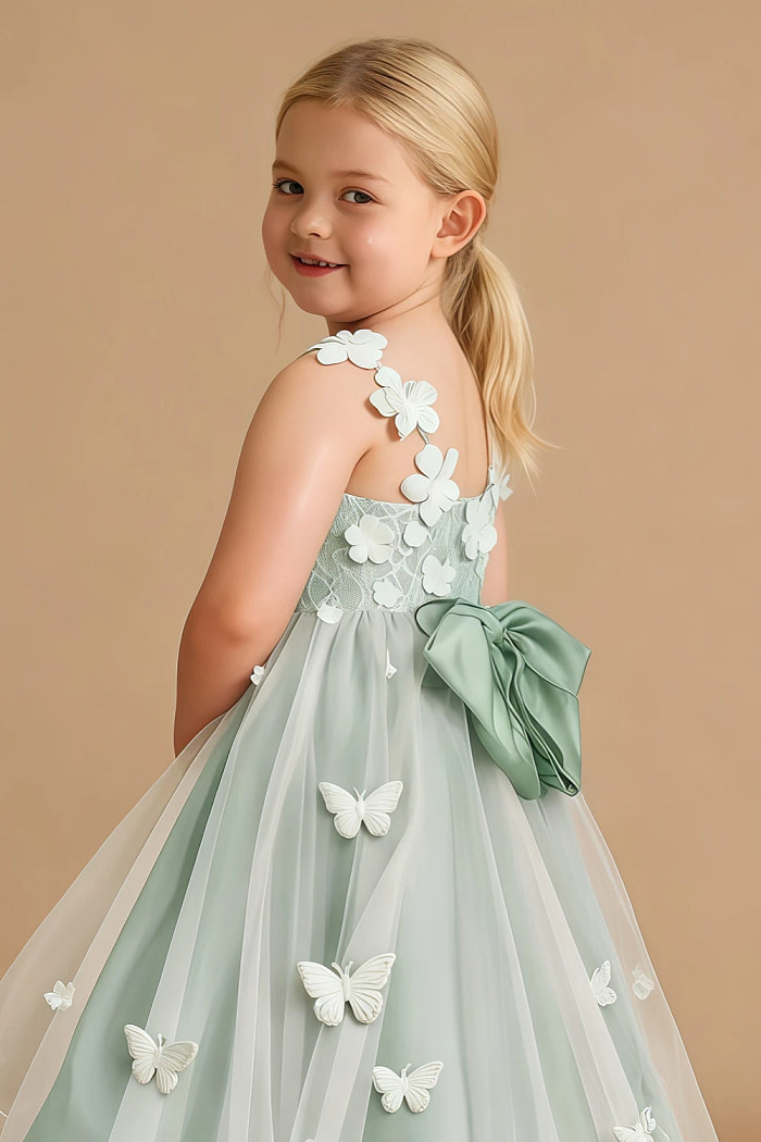 Akaks Eria Agave Green Flower Girl Dress A-Line Lace Tulle Asymmetrical Hem Sleeveless V-Neck 3D White Flowers Dress Image328393