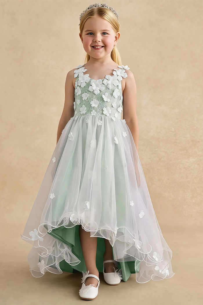 Akaks Eria Agave Green Flower Girl Dress A-Line Lace Tulle Asymmetrical Hem Sleeveless V-Neck 3D White Flowers Dress Image357745