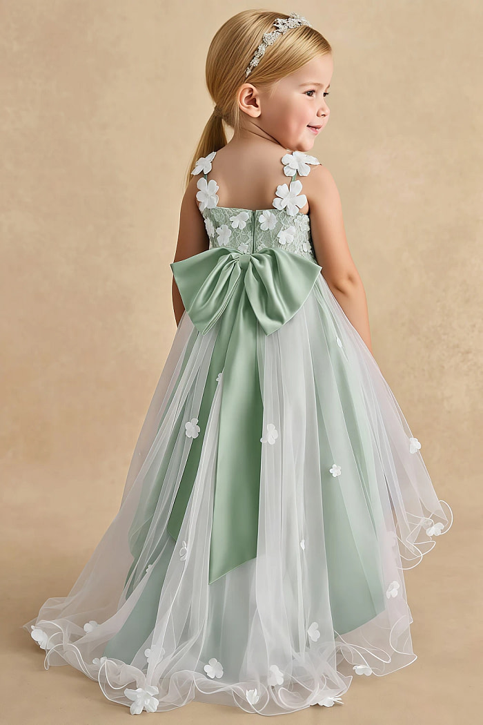Akaks Eria Agave Green Flower Girl Dress A-Line Lace Tulle Asymmetrical Hem Sleeveless V-Neck 3D White Flowers Dress Image558207