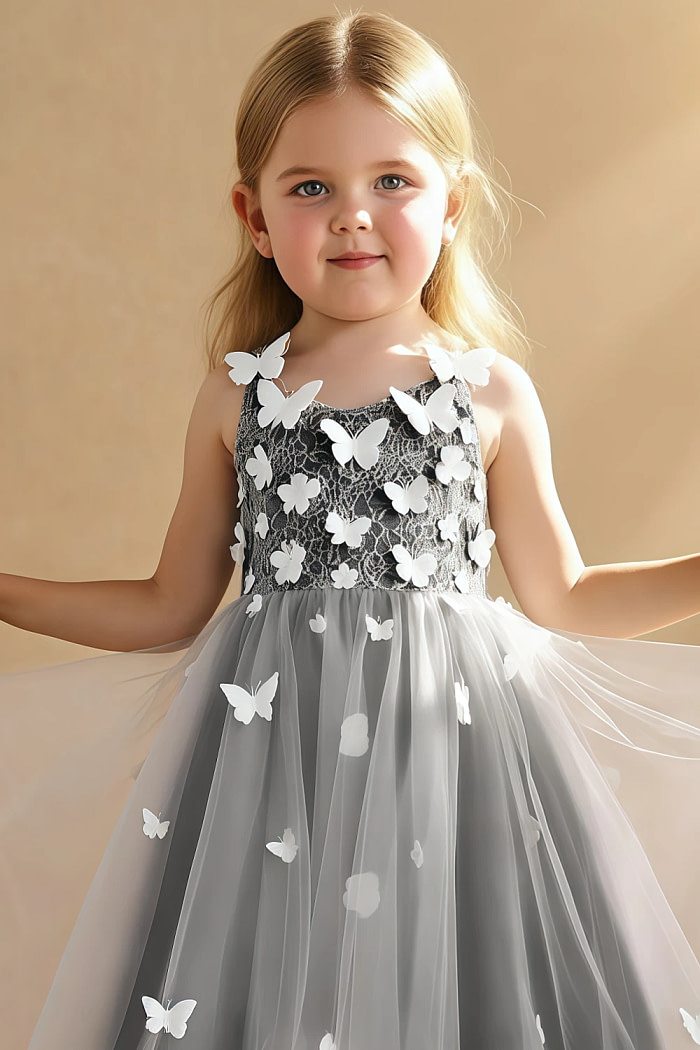 Akaks Eria Black Flower Girl Dress A-Line V-Neck Lace Tulle Asymmetrical Hem Sleeveless 3D White Flowers Dress Image226376