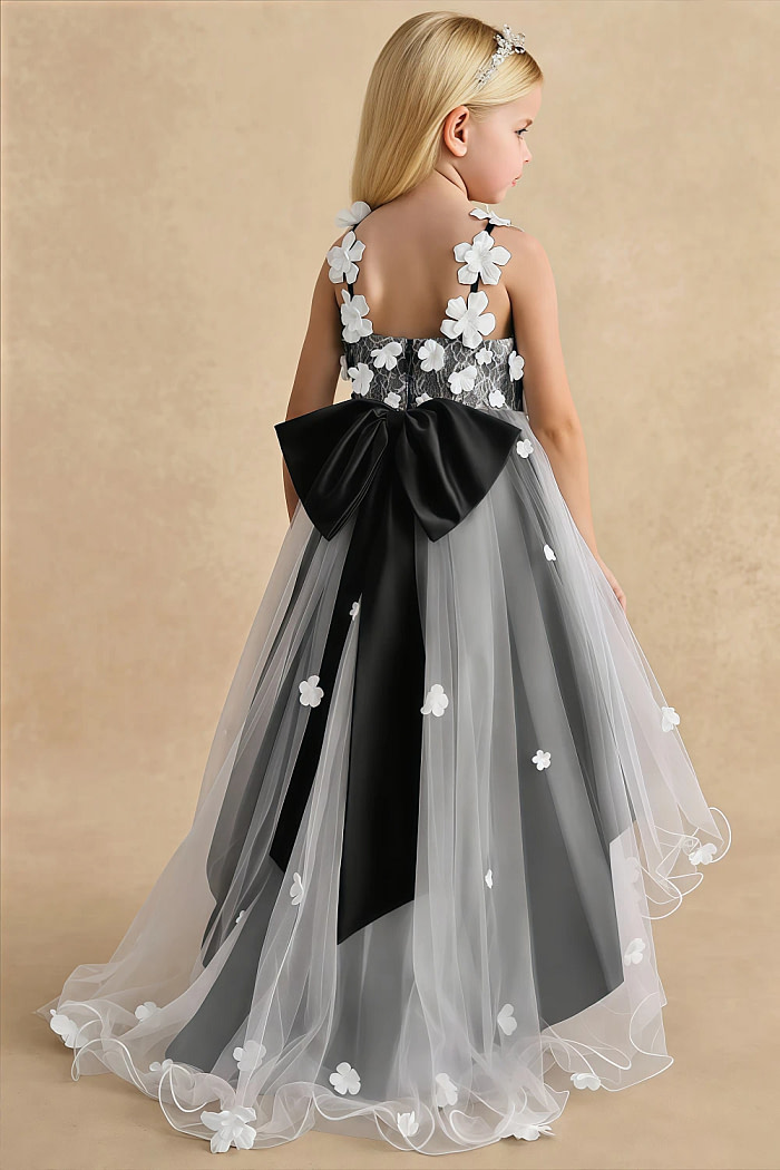 Akaks Eria Black Flower Girl Dress A-Line V-Neck Lace Tulle Asymmetrical Hem Sleeveless 3D White Flowers Dress Image253587
