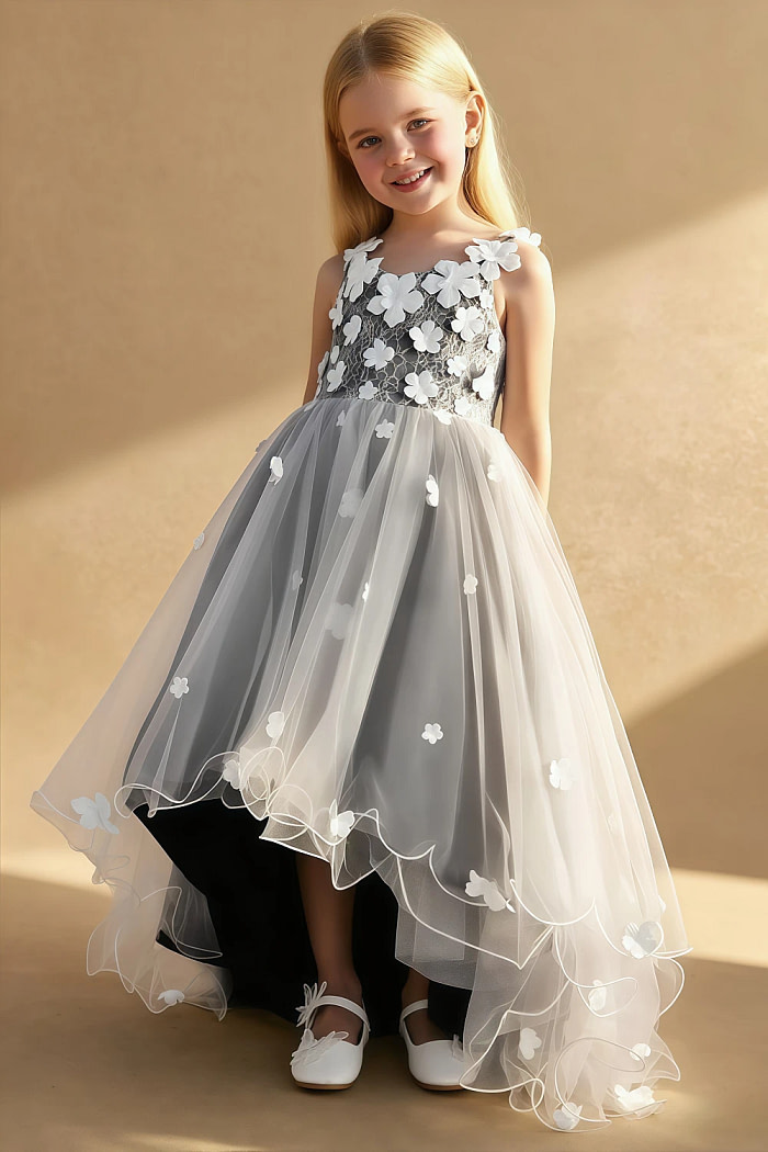 Akaks Eria Black Flower Girl Dress A-Line V-Neck Lace Tulle Asymmetrical Hem Sleeveless 3D White Flowers Dress Image371791