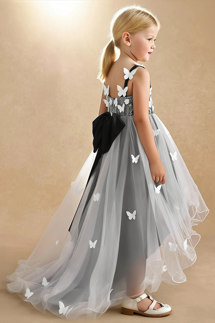 Akaks Eria Black Flower Girl Dress A-Line V-Neck Lace Tulle Asymmetrical Hem Sleeveless 3D White Flowers Dress Image496044