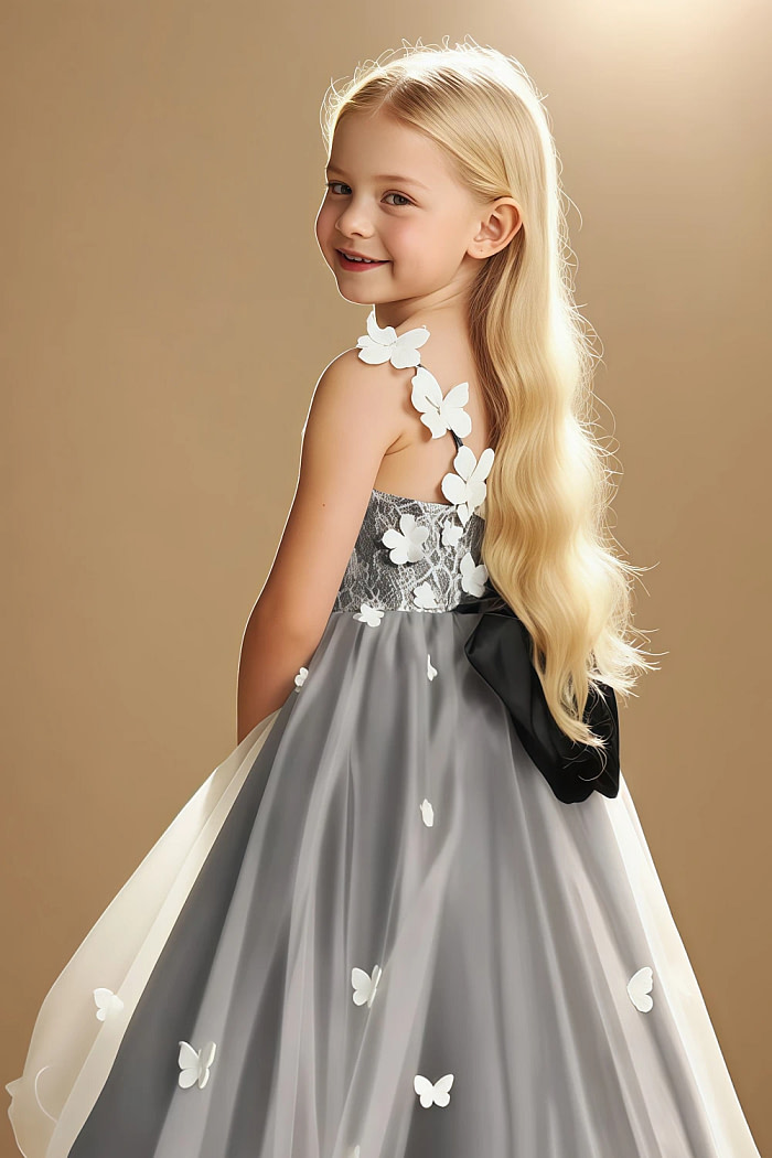 Akaks Eria Black Flower Girl Dress A-Line V-Neck Lace Tulle Asymmetrical Hem Sleeveless 3D White Flowers Dress Image893650