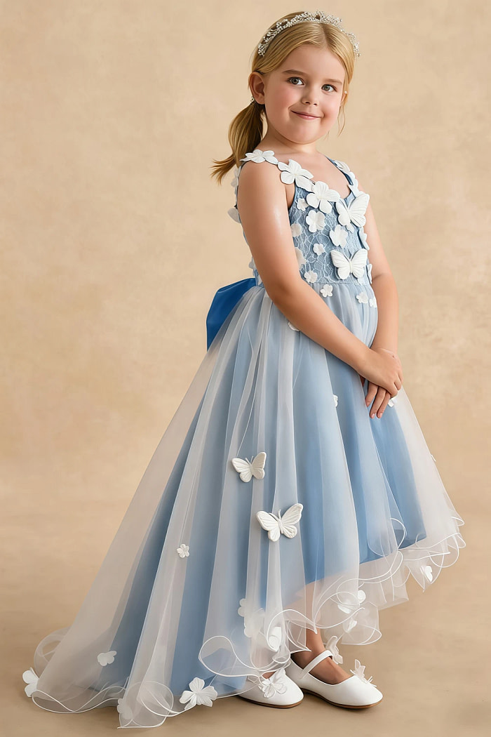 Akaks Eria Blue Jay Flower Girl Dress A-Line V-Neck Lace Tulle Asymmetrical Hem Sleeveless 3D White Flowers Dress Image450344