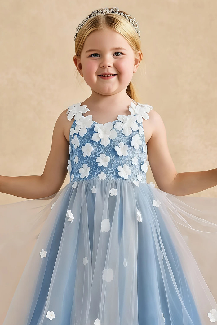 Akaks Eria Blue Jay Flower Girl Dress A-Line V-Neck Lace Tulle Asymmetrical Hem Sleeveless 3D White Flowers Dress Image496025