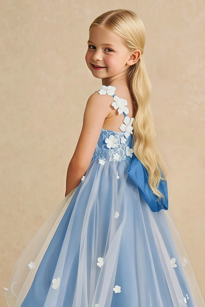 Akaks Eria Blue Jay Flower Girl Dress A-Line V-Neck Lace Tulle Asymmetrical Hem Sleeveless 3D White Flowers Dress Image521019