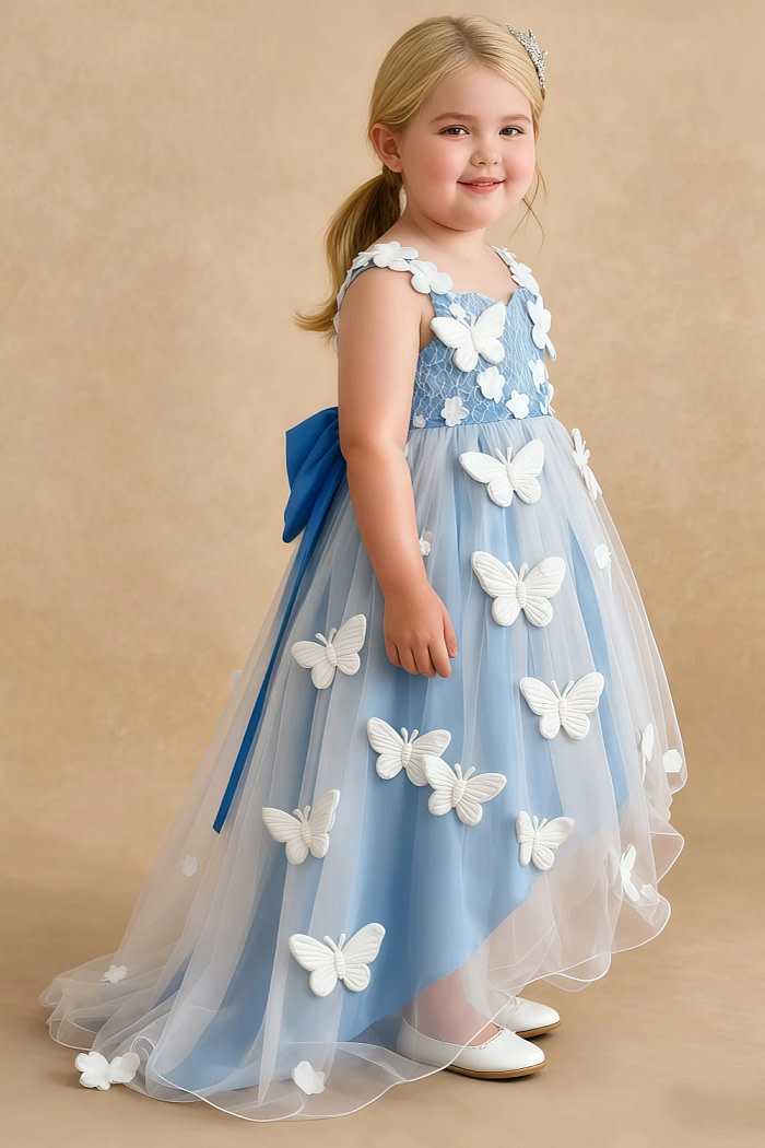 Akaks Eria Blue Jay Flower Girl Dress A-Line V-Neck Lace Tulle Asymmetrical Hem Sleeveless 3D White Flowers Dress Image844386