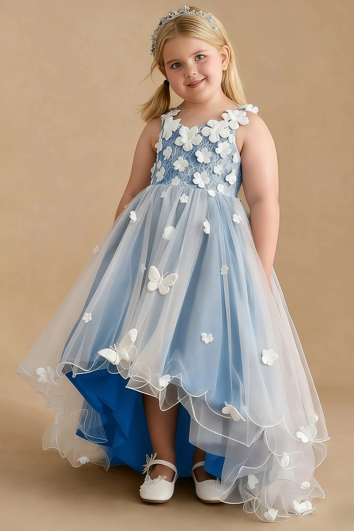 Akaks Eria Blue Jay Flower Girl Dress A-Line V-Neck Lace Tulle Asymmetrical Hem Sleeveless 3D White Flowers Dress Image909798
