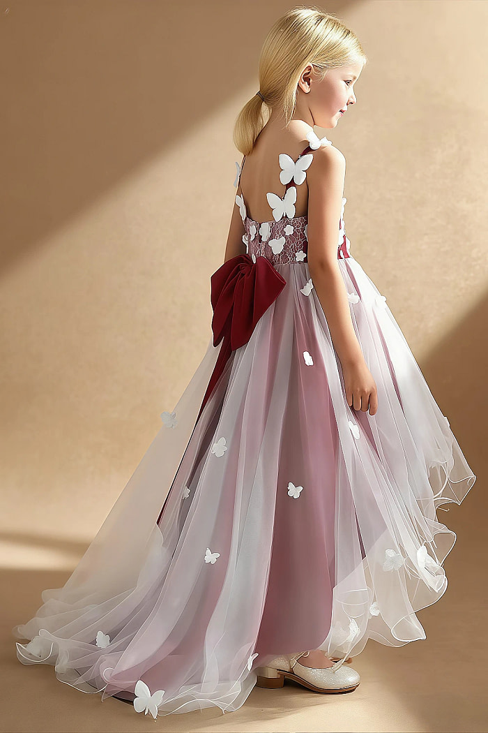Akaks Eria Burgundy Flower Girl Dress A-Line V-Neck Lace Tulle Asymmetrical Hem Sleeveless 3D White Flowers Dress Image435982